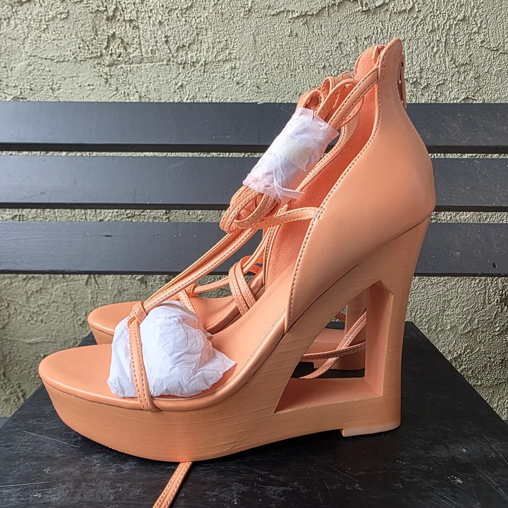 AAJ BY AMINAH WOMENS‎ NINA LACE-UP ARCHITECTURAL WEDGE SANDALS ORANGE Sz 6.5M